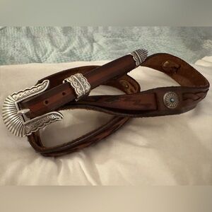 Vintage western-style leather ranger belt, multi-piece silver buckle set.